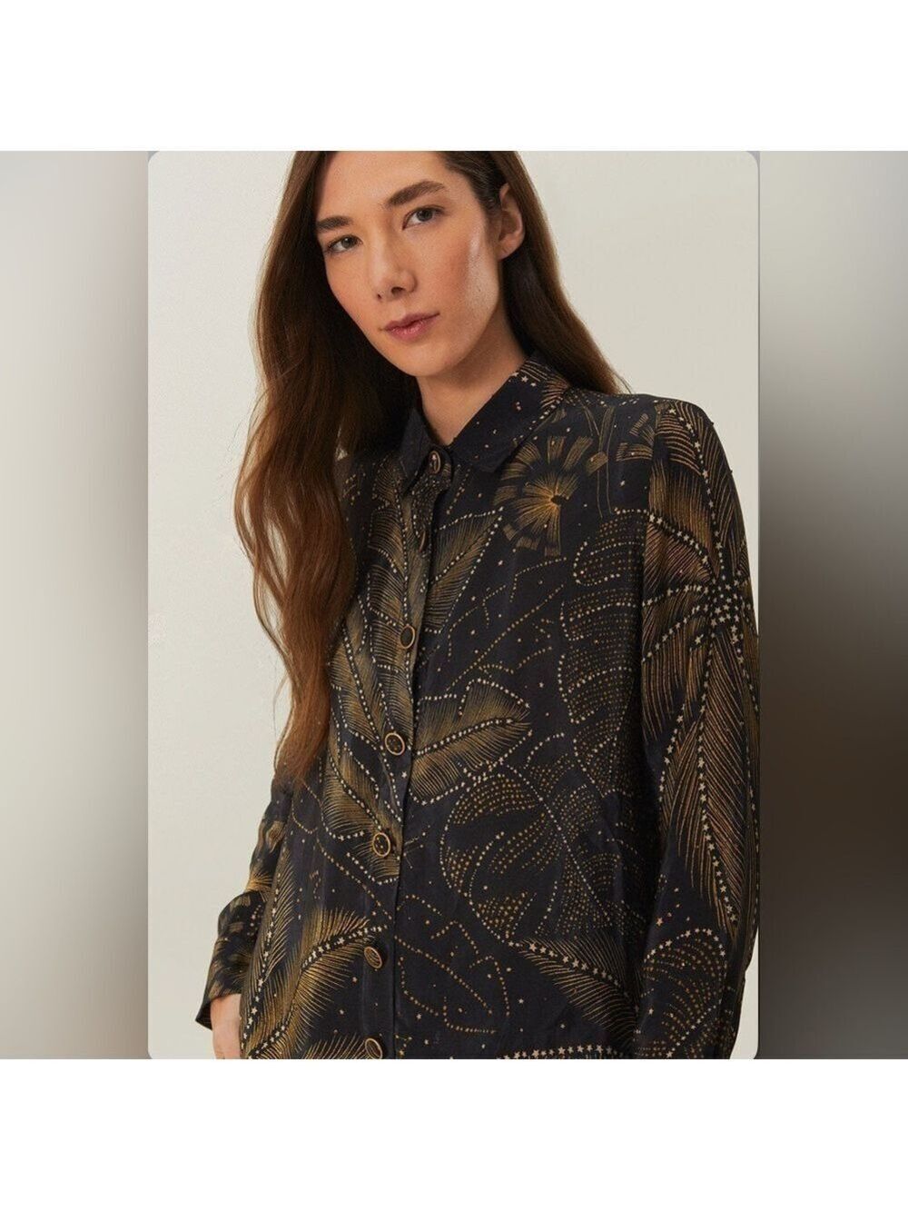 Farm Rio Black Golden Foliage Pajama Shirt